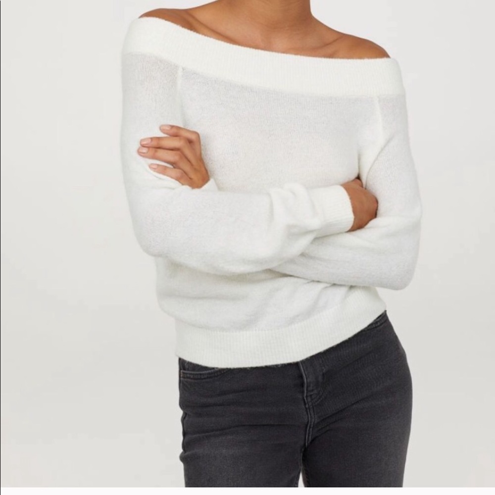 Off the shoulder white sweater